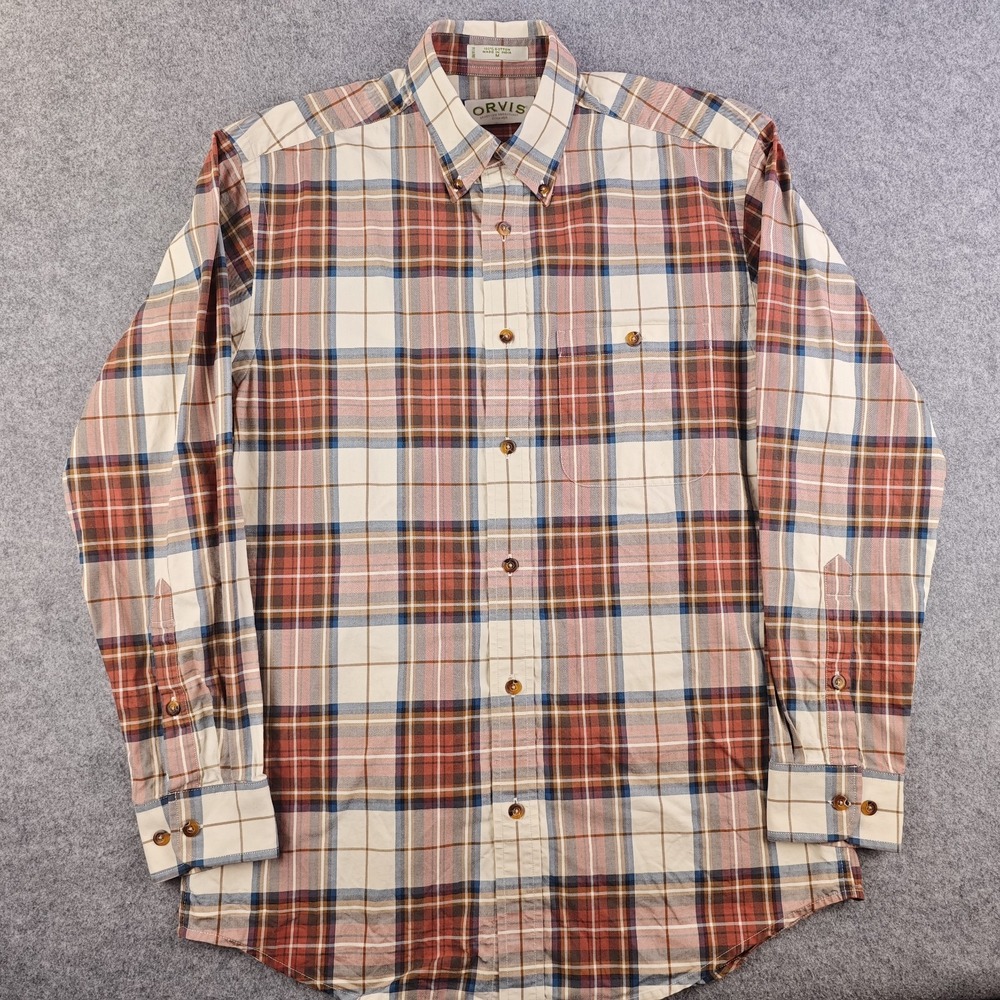 Orvis Shirt Mens Medium Red Plaid Long Sleeve Button Down 100% Cotton